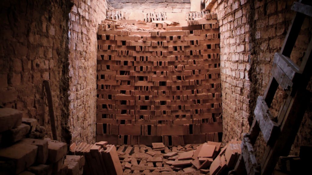 Das Erbe alter Meister – So entstehen unsere handgefertigten Terracotta Fliesen Fertig gebrannte Terracotta-Fliesen gestapelt in einer traditionellen Ziegelbrennkammer