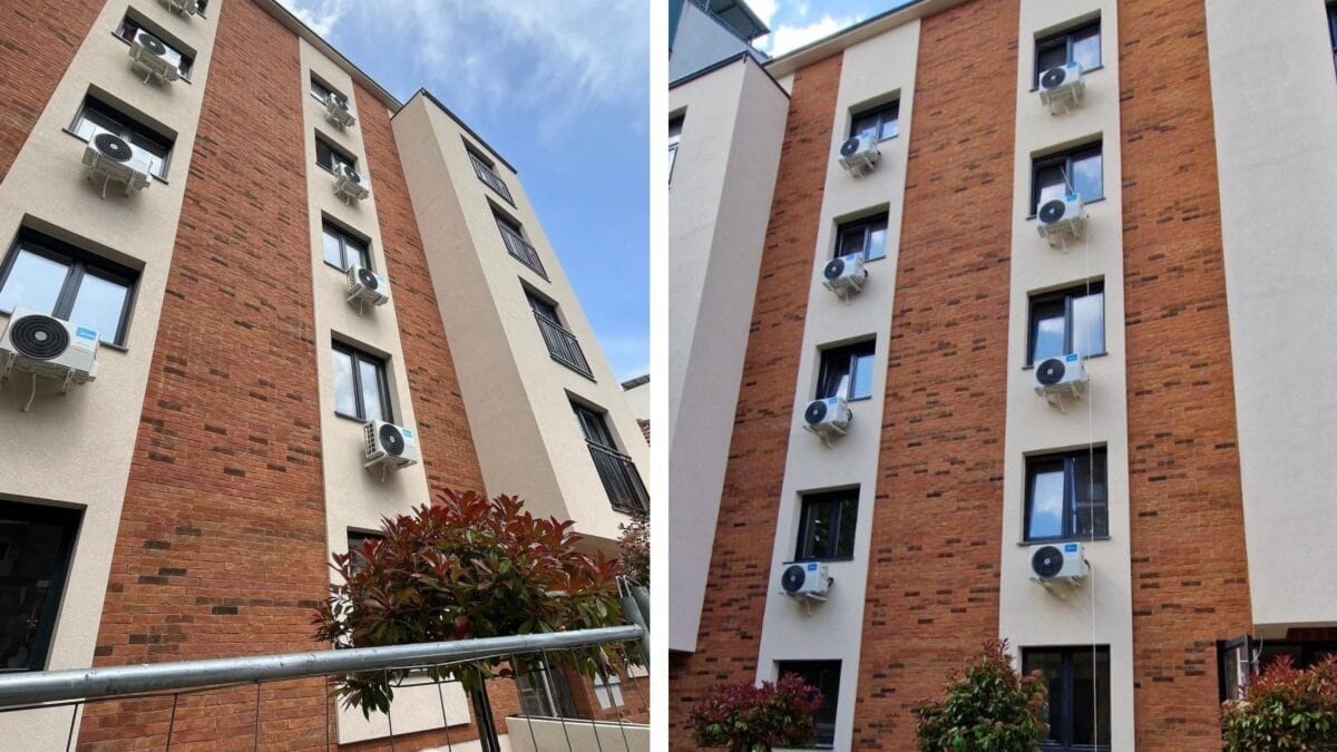 Terracotta Fassade – Handgefertigte Terracotta Riemchen als nachhaltige Fassadenlösung Mehrgeschossige Wohnfassade mit vertikalen Akzentstreifen aus Terracotta Riemchen