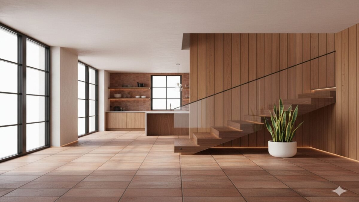 Moderner Innenraum mit Holztreppe und Terracotta Bodenfliesen