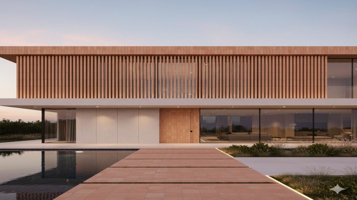 Moderne Villa mit Pool, Terracotta Fliesen und Terracotta Elementen an der Fassade