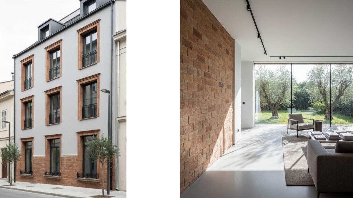 Außen eine sanierte historische Fassade mit Terracotta Fliesen und Terracotta Elementen, innen bewahrte Authentizität mit restaurierter Terracotta und modernem Interieur