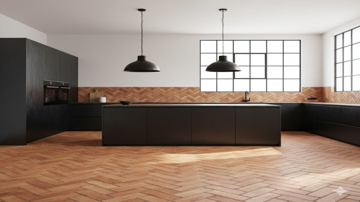 Moderne Küche mit Terracotta Fliesen im Fischgrät-Muster