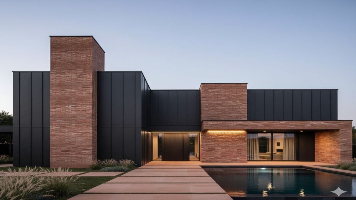 Modernes Haus mit Fassade aus Terracotta Fliesen und Pool