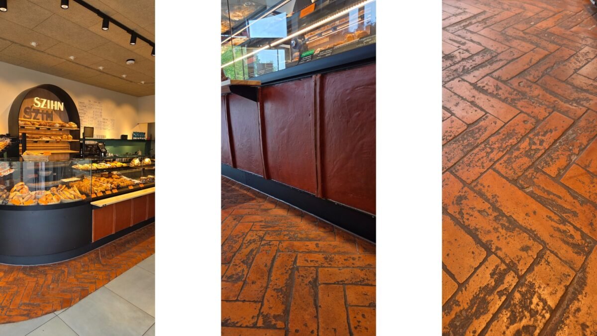 Kombination aus Boden im Fischgrätmuster und Terracotta Platten am Tresen in der SZIHN Bäckerei Alterla.