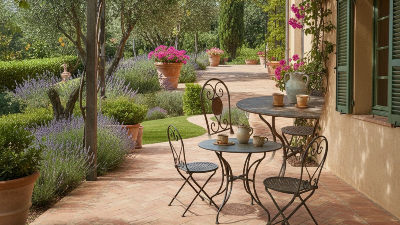 Handcrafted terracotta terrace with a Mediterranean garden – Cotto Rustic
