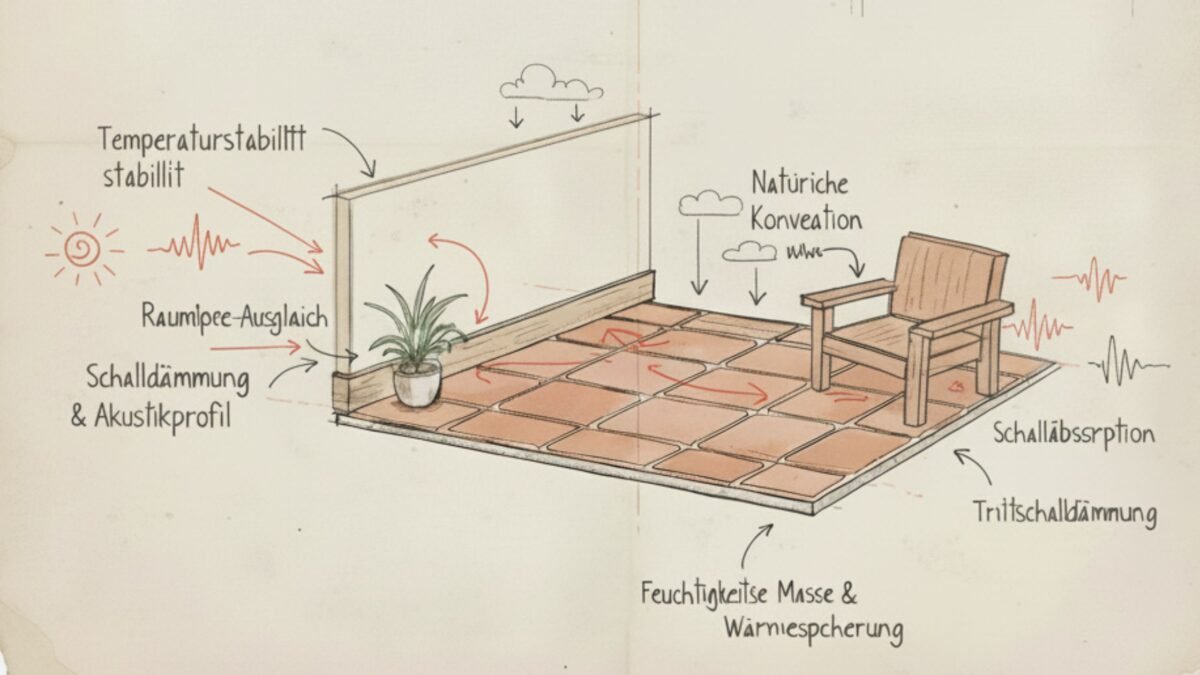 An architectural diagram visualizing the thermal, acoustic, and moisture-regulating properties of handmade terracotta tiles, highlighting their natural and sustainable performance.