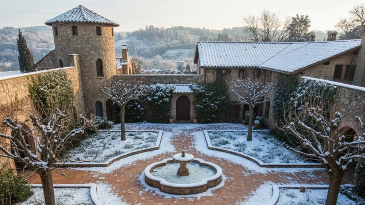 Handcrafted terracotta tiles in winter – snow-covered courtyard with a terracotta floor.