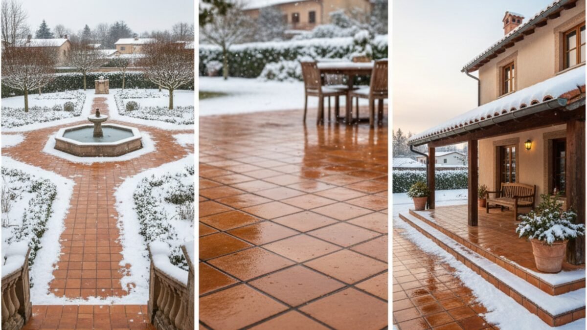 Handgefertigte Terracotta-Fliesen im Außenbereich mit Schnee – frostbeständig und winterfest