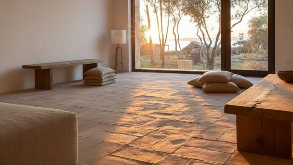 Handgefertigte Terracotta Fliesen im warmen Sonnenlicht – minimalistischer Wabi-Sabi Innenraum mit Holzbank und Kissen.