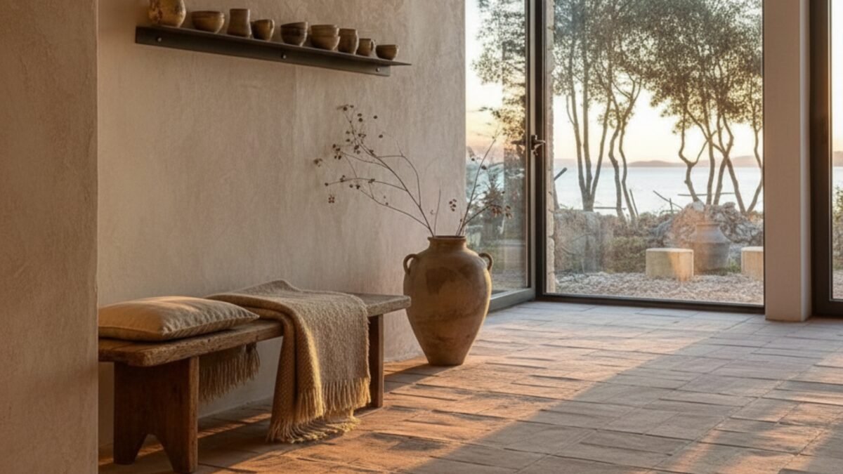 Wabi-Sabi living space with handcrafted terracotta tiles