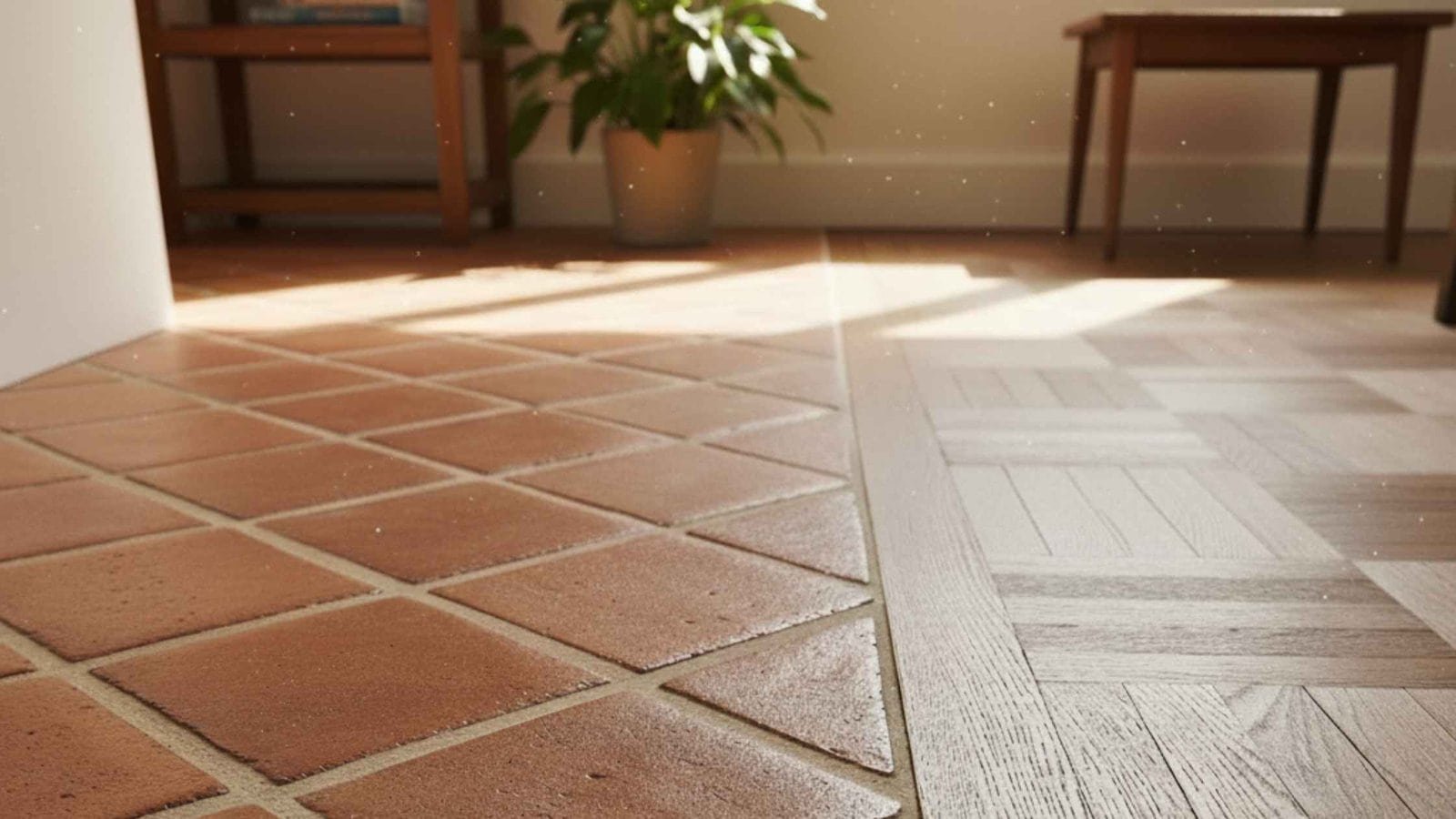 Handcrafted terracotta tiles transitioning to wood — an architectural connection detail.