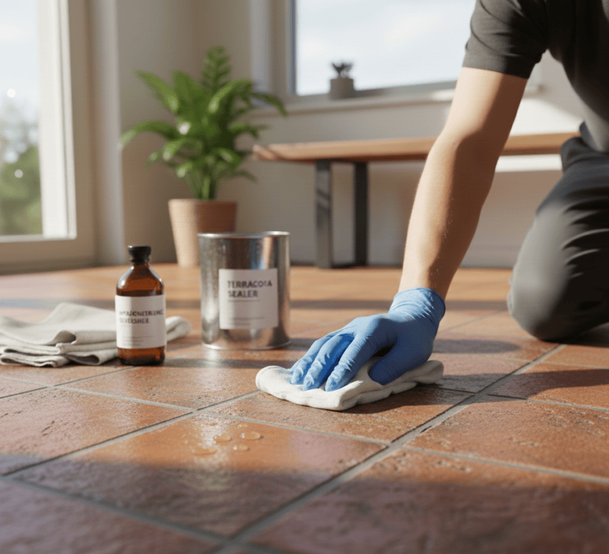 How to Clean and Maintain Handcrafted Terracotta Tiles Handcrafted terracotta tiles are treated with an impregnating agent to protect the surface.