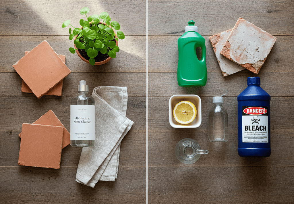 How to Clean and Maintain Handcrafted Terracotta Tiles Comparison of suitable and unsuitable cleaning products for handcrafted terracotta tiles.