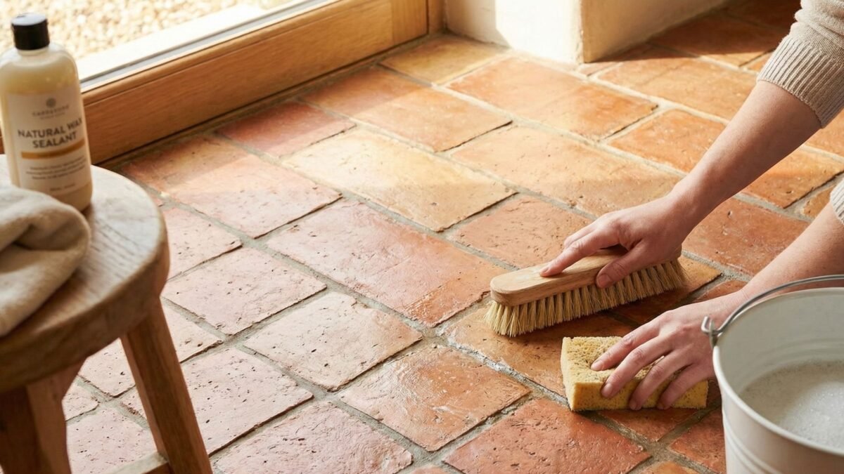 Handgefertigte Terracotta-Fliesen werden mit einer Bürste gereinigt und anschließend versiegelt.