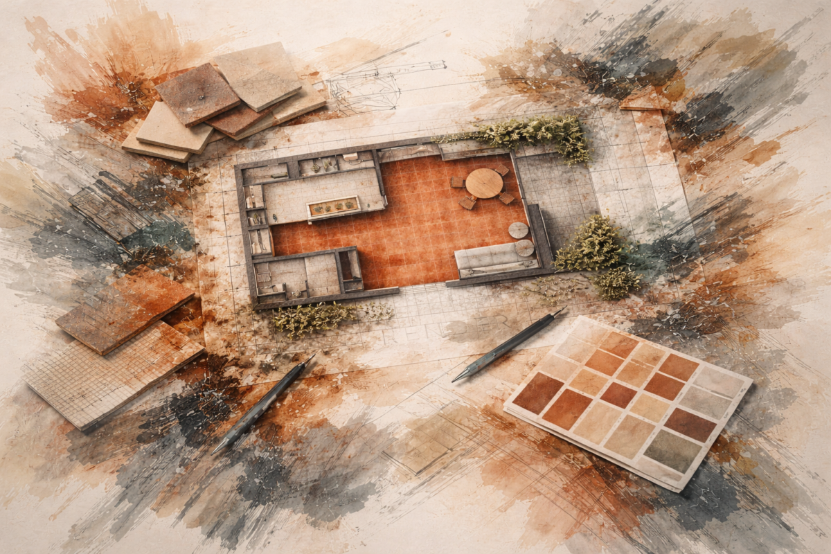 If 2026 has a trend, it’s the return of standards in architecture Architectural concept with floor plan and material samples—interior trends 2026 and handmade traditional terracotta tiles.