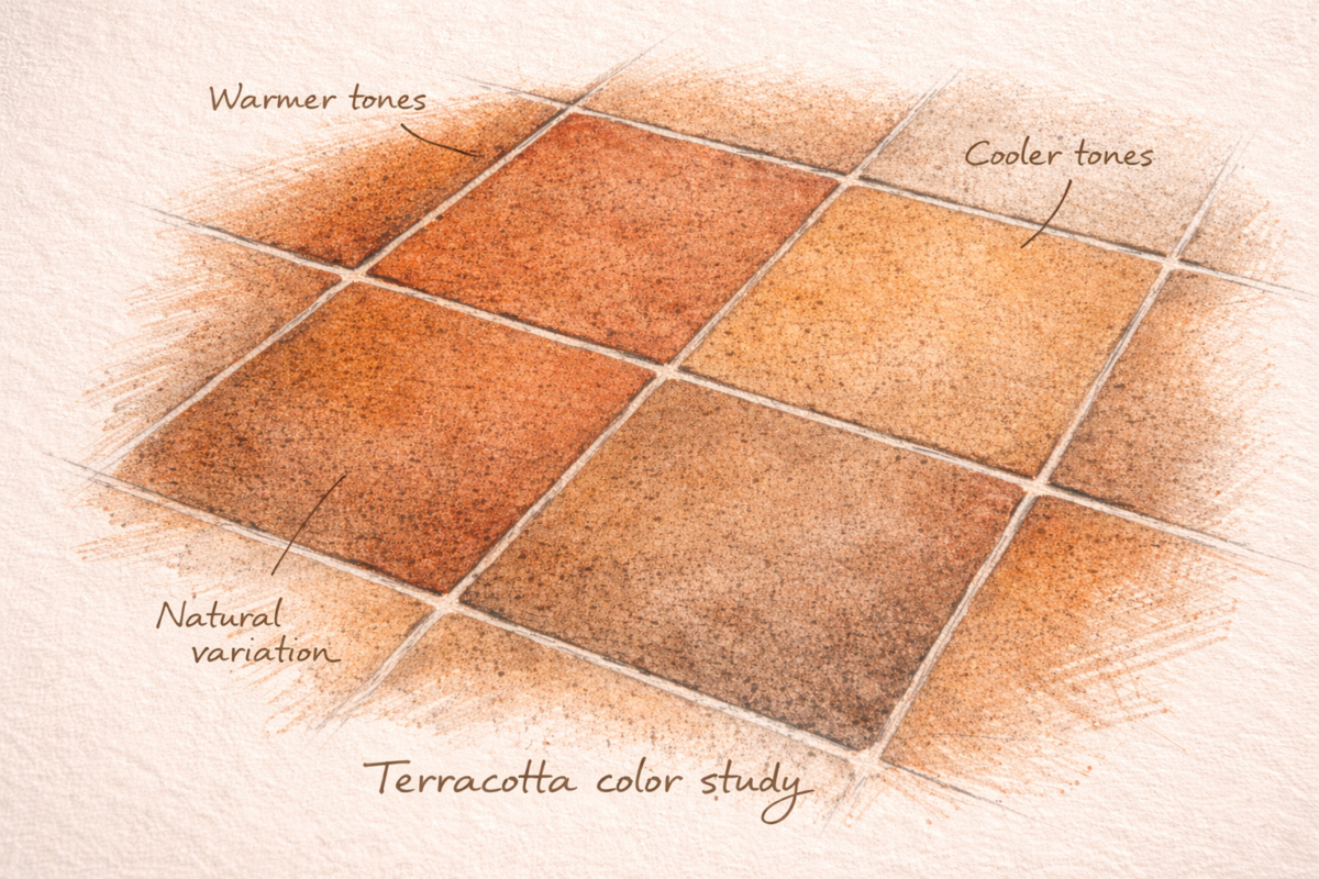 If 2026 has a trend, it’s the return of standards in architecture Hand-drawn colour sketch with natural nuances of handmade traditional terracotta tiles.
