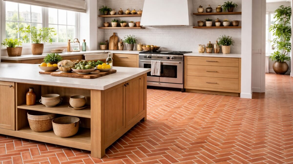 Handcrafted terracotta tiles in the kitchen with herringbone installation, warm natural tones, and a modern wooden kitchen.