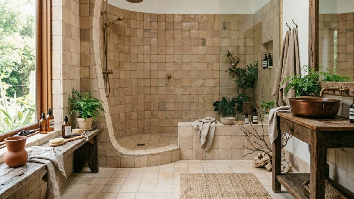 Zwischen Spa Atmosphäre und Alltagsrealität - Handgefertigte Terracotta Fliesen im Badezimmer Handgefertigte Terracotta Fliesen im Badezimmer mit natürlicher Atmosphäre und warmem Erdton