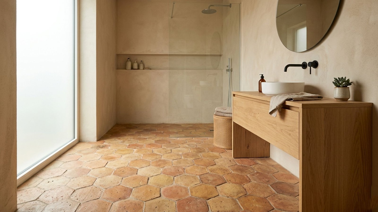 Handgefertigte Terracotta Fliesen im Badezimmer mit warmem Licht und modernem Holzwaschtisch