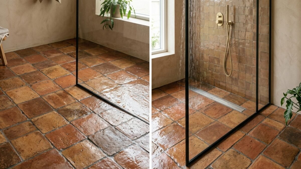 Zwischen Spa Atmosphäre und Alltagsrealität - Handgefertigte Terracotta Fliesen im Badezimmer Handgefertigte Terracotta Fliesen im Duschbereich mit Wasser auf der Oberfläche