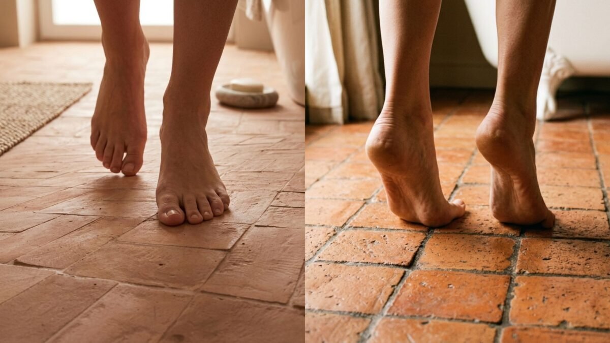 Zwischen Spa Atmosphäre und Alltagsrealität - Handgefertigte Terracotta Fliesen im Badezimmer Barfuß auf warmen handgefertigten Terracotta Fliesen im Badezimmer