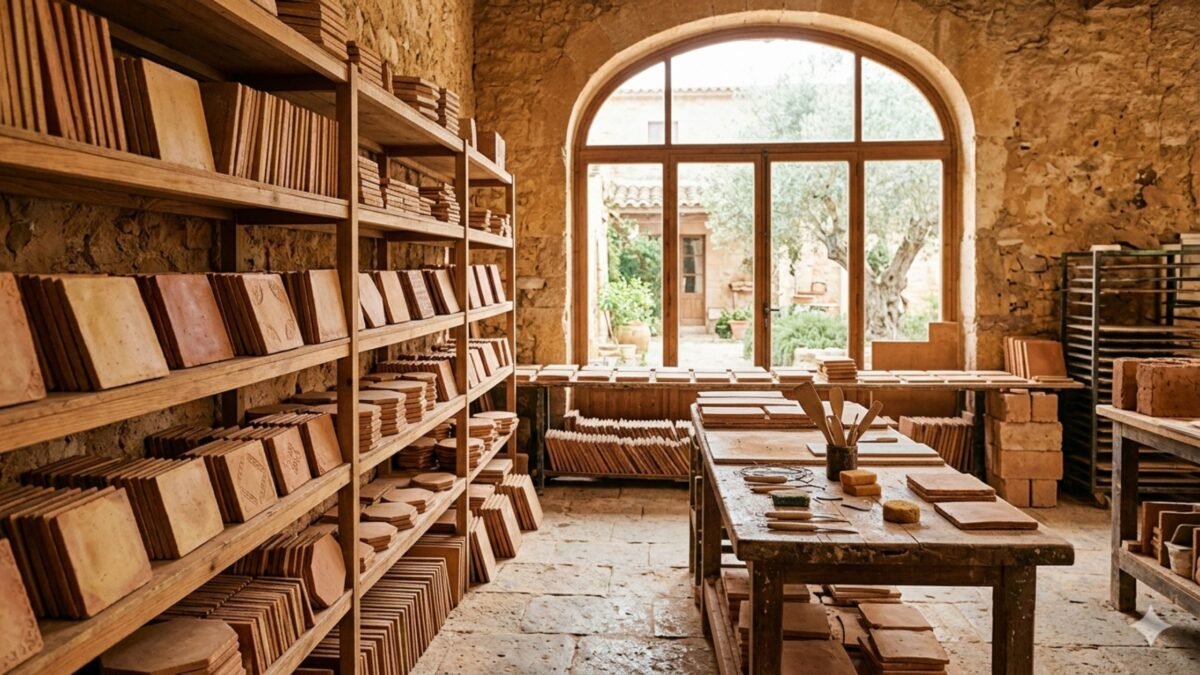 Terracotta tiles price – handmade traditional terracotta tiles on wooden racks in a traditional workshop.
