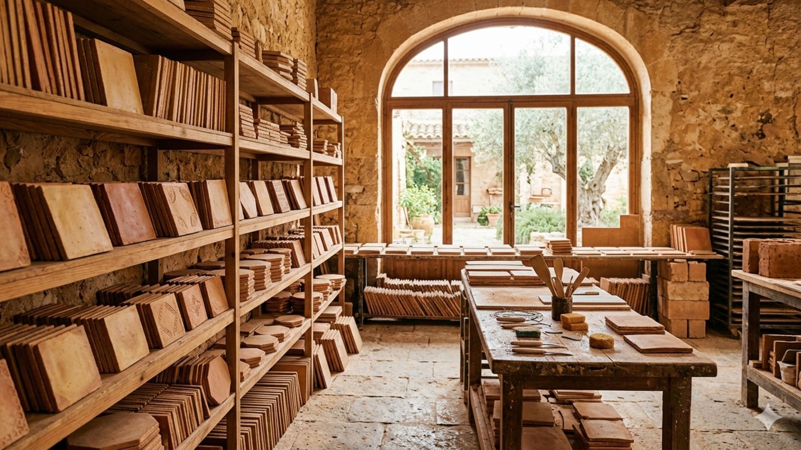 Terracotta Fliesen Preis – handgefertigte Terracotta Fliesen auf Holzregalen in traditioneller Werkstatt